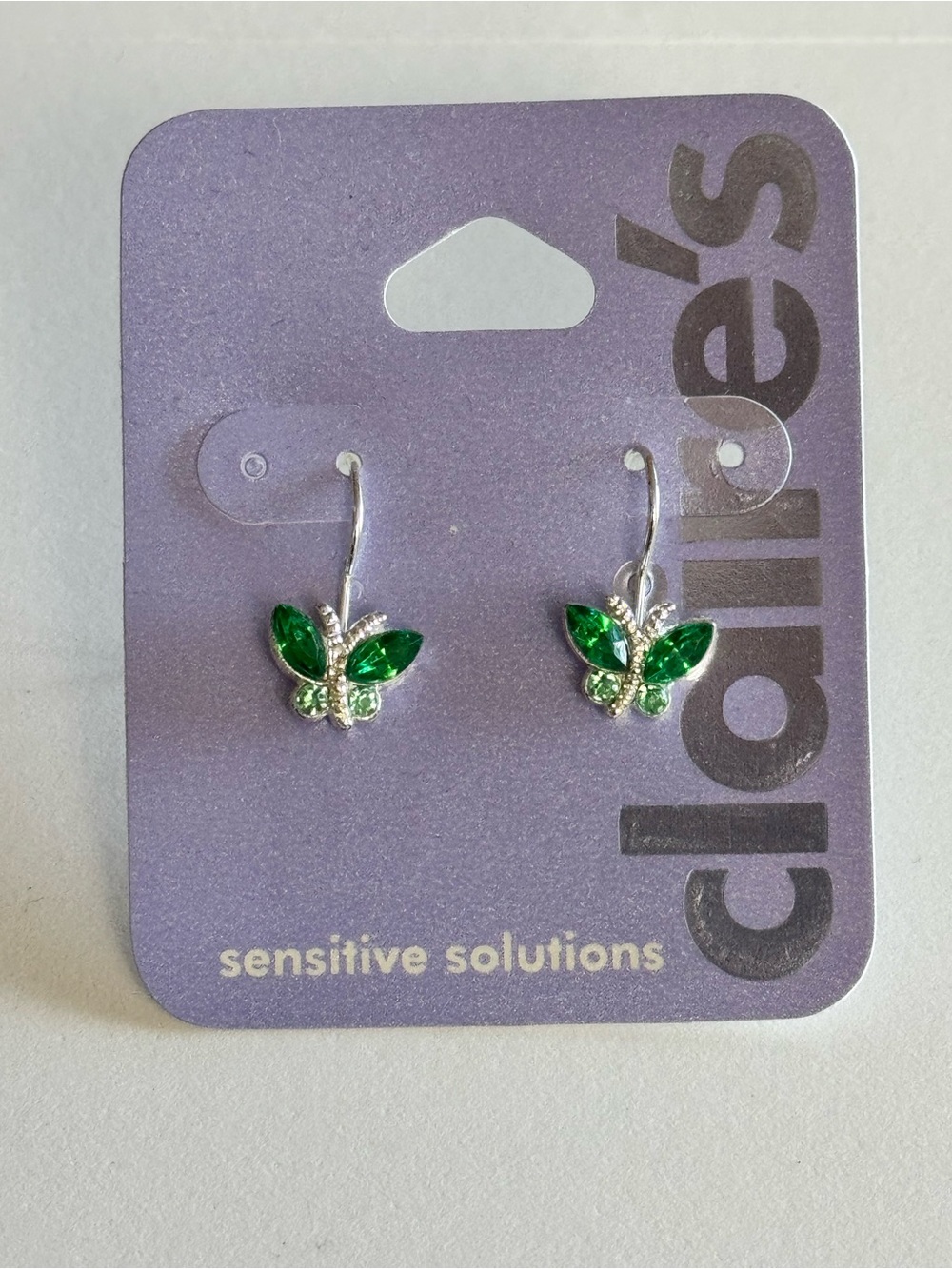 CLAIRES Sensitive Solutions Green Crystal Butterfly Drop Hook Earrings NWT